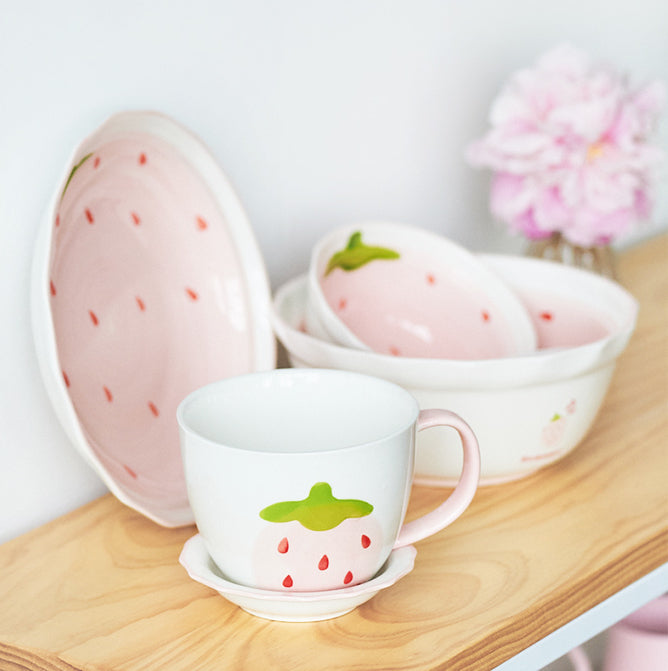 Pretty Strawberry Ceramic Saucers Bowls Plates Spoon - PeauleyHome