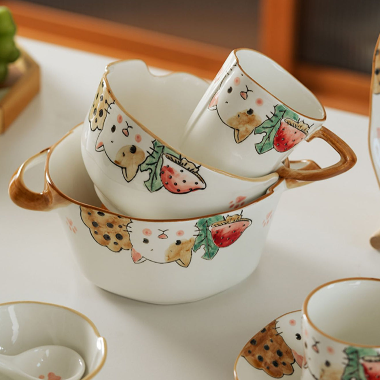 Underglazed Cat-themed Bowls Mugs Set