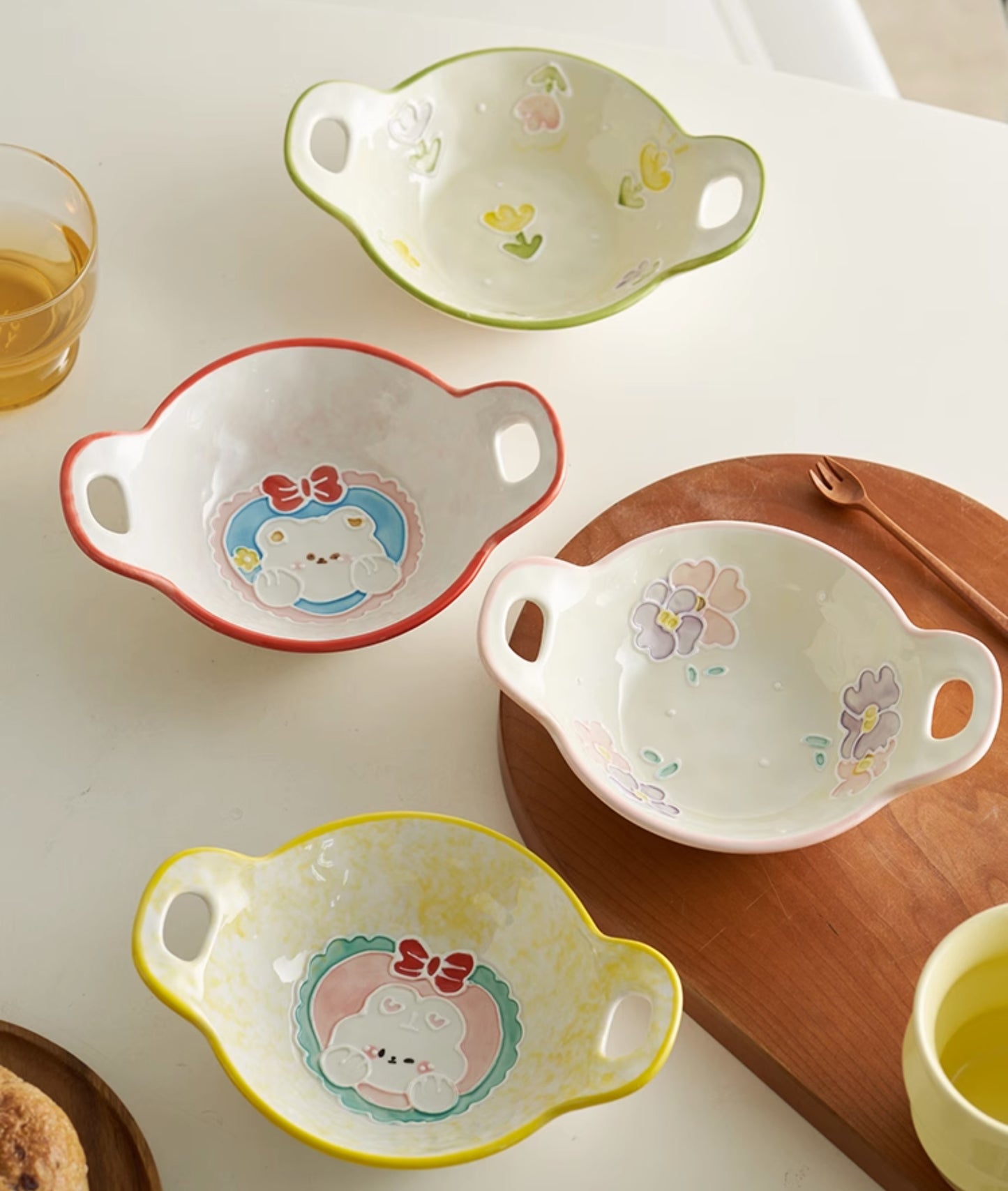 Cute Breakfast Ceramic Bowls Set with Two Handles for Children Set - PeauleyHome