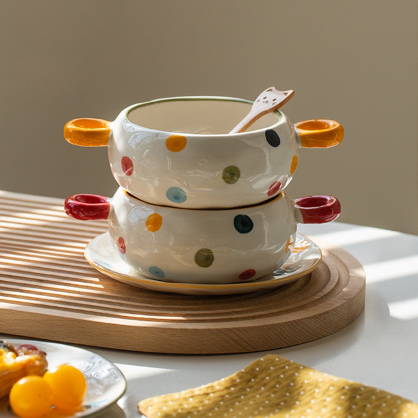 Dots Style Ceramic Bowls with Double Handles