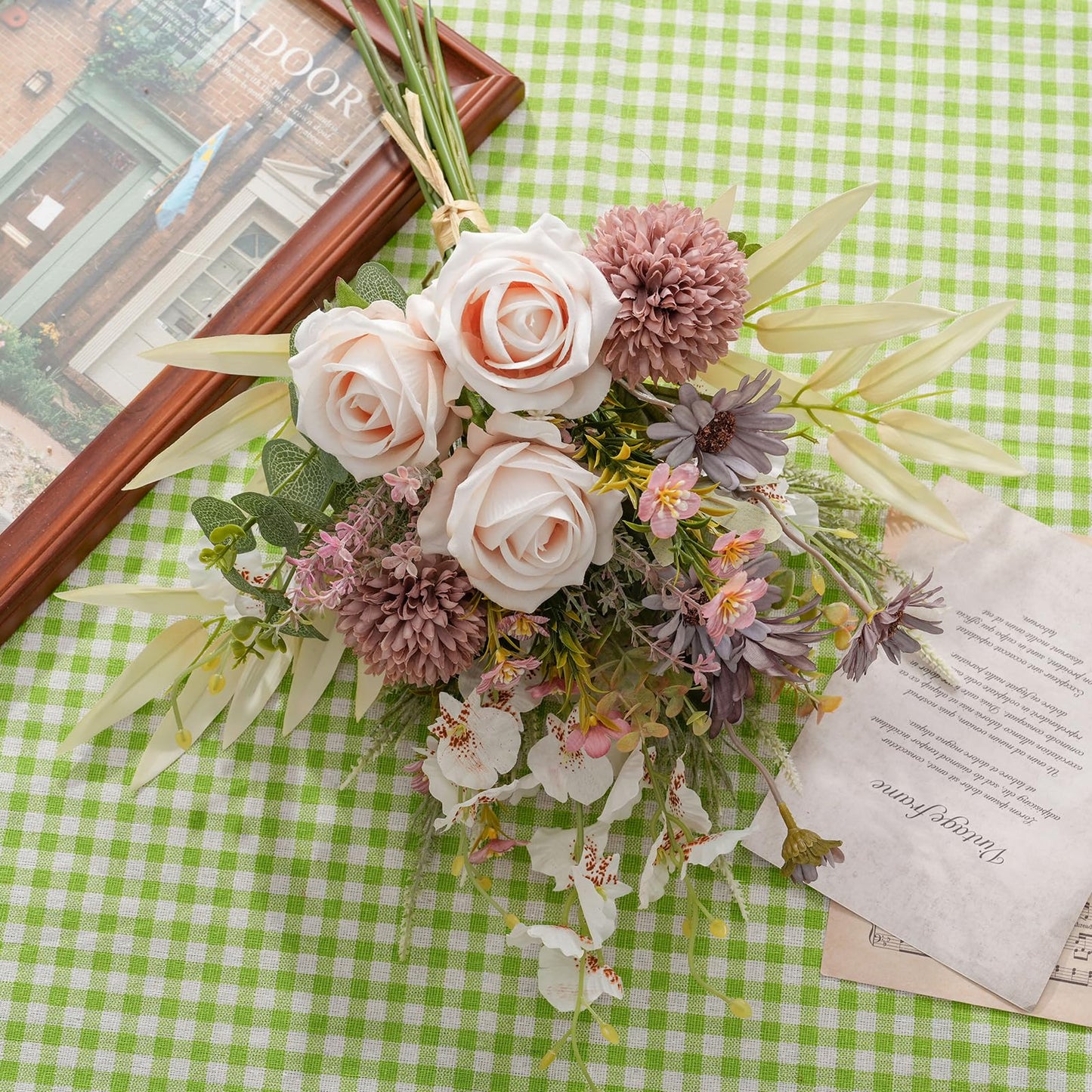 Peauley Artificial Fake Flowers Silk Table Arrangements Faux Plastic Floral Centerpieces for Home Kitchen with Roses, Dandelions, Chrysanthemum, Phalaenopsis, Eucalyptus, Sages, Orchids