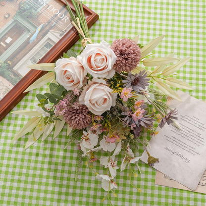 Peauley Artificial Fake Flowers Silk Table Arrangements Faux Plastic Floral Centerpieces for Home Kitchen with Roses, Dandelions, Chrysanthemum, Phalaenopsis, Eucalyptus, Sages, Orchids