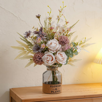 Peauley Artificial Fake Flowers Silk Table Arrangements Faux Plastic Floral Centerpieces for Home Kitchen with Roses, Dandelions, Chrysanthemum, Phalaenopsis, Eucalyptus, Sages, Orchids