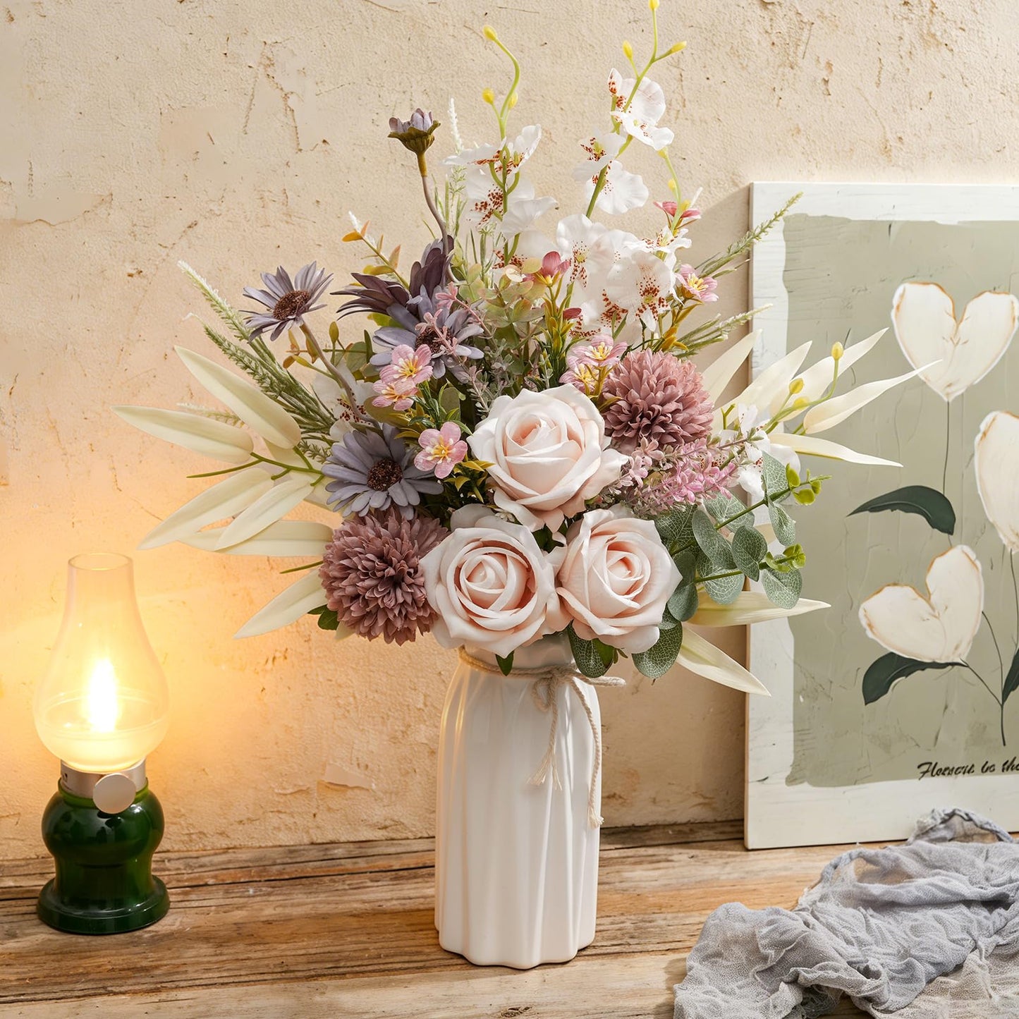 Peauley Artificial Fake Flowers Silk Table Arrangements Faux Plastic Floral Centerpieces for Home Kitchen with Roses, Dandelions, Chrysanthemum, Phalaenopsis, Eucalyptus, Sages, Orchids