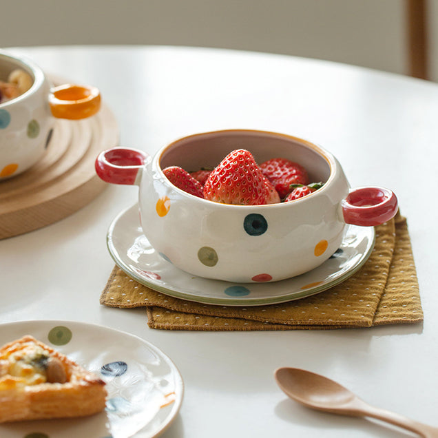 Dots Style Ceramic Bowls with Double Handles