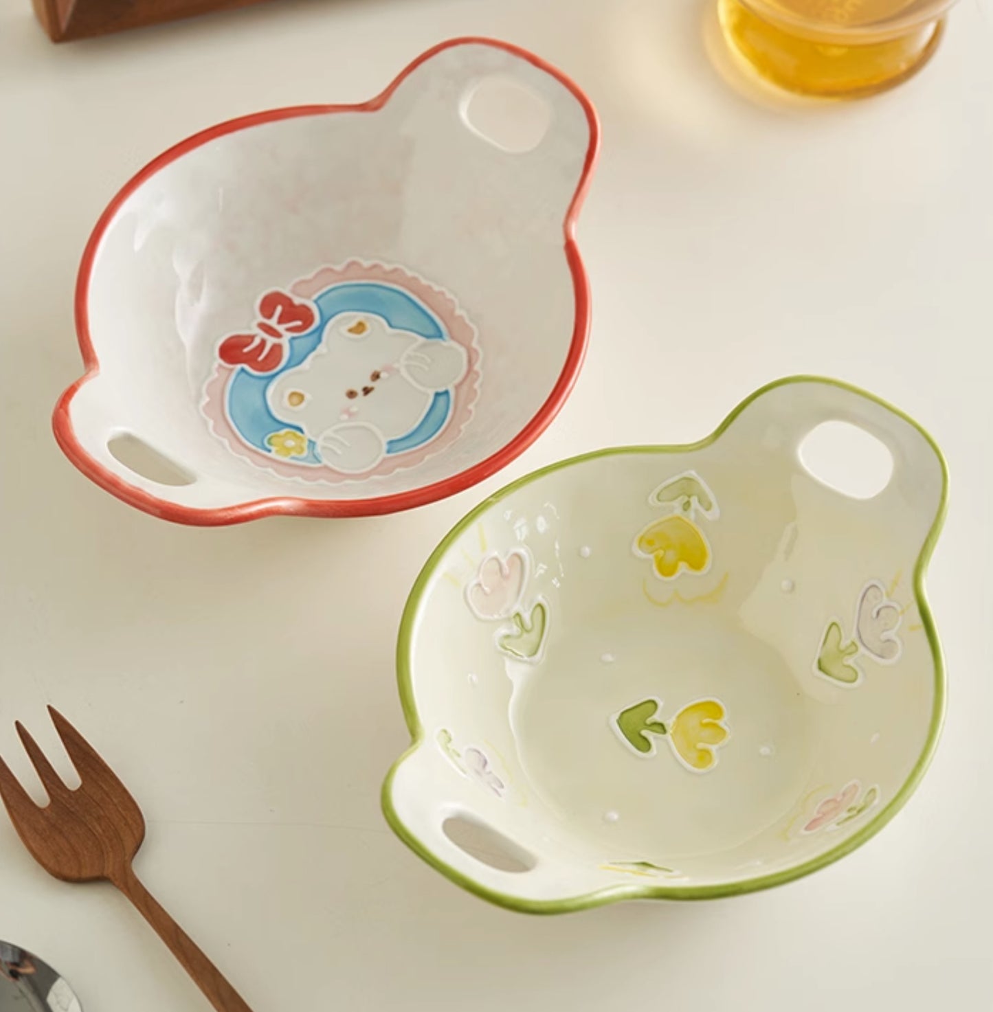 Cute Breakfast Ceramic Bowls Set with Two Handles for Children Set - PeauleyHome