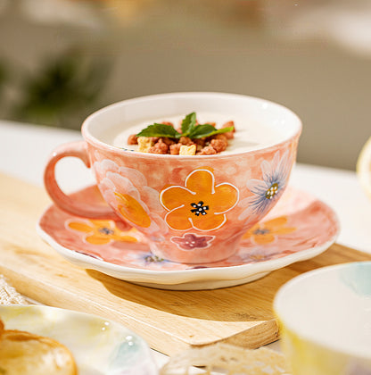 Ceramic Floral Coffee Mugs Saucers Set - PeauleyHome