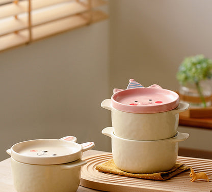 Ceramic Bowls Noodle Pots with Cartoon Lids and Handles - PeauleyHome