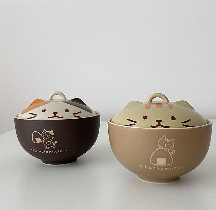 Japanese Style Ceramic Bowls with Kitty Lids - PeauleyHome