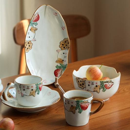 Underglazed Cat-themed Bowls Mugs Set