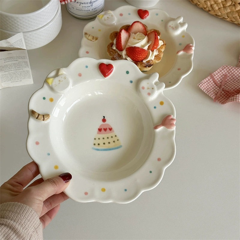 Hand-painting Style Ceramic Salad Plate with Cat Rabbit Pattern