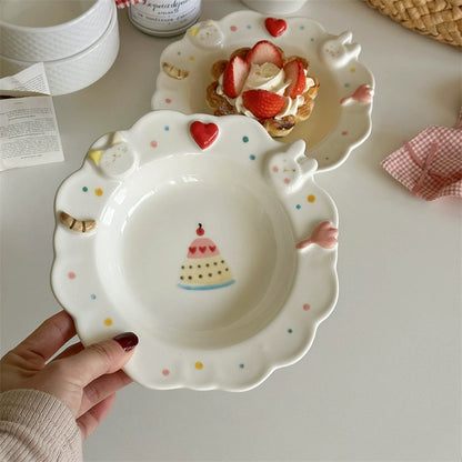 Hand-painting Style Ceramic Salad Plate with Cat Rabbit Pattern