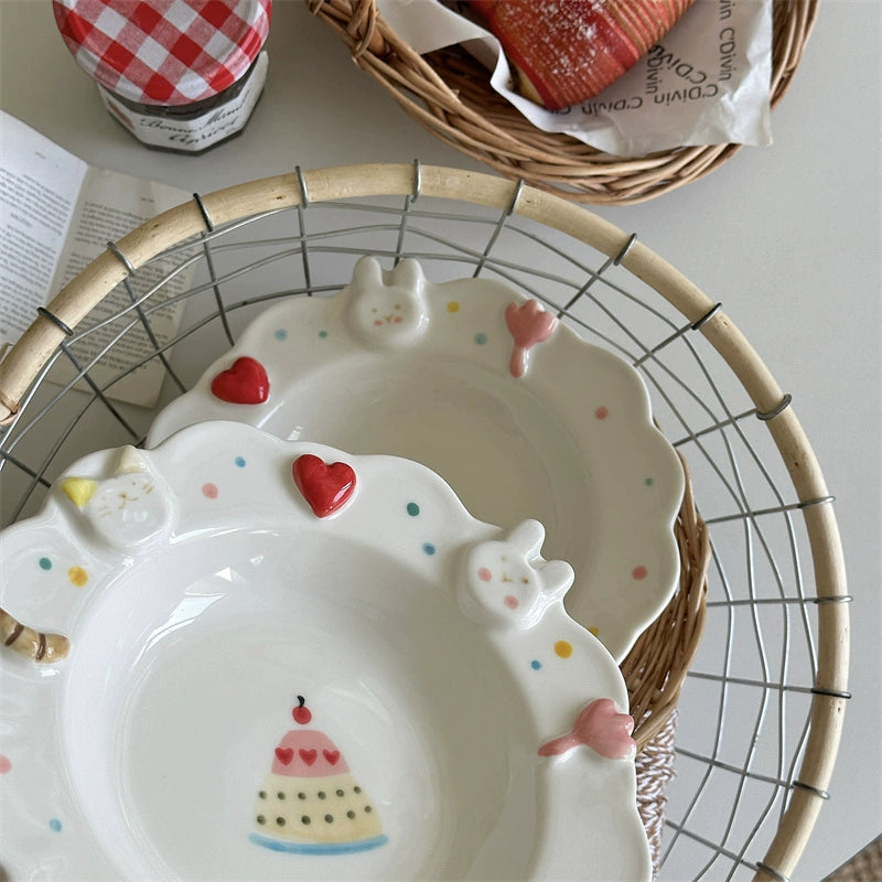 Hand-painting Style Ceramic Salad Plate with Cat Rabbit Pattern