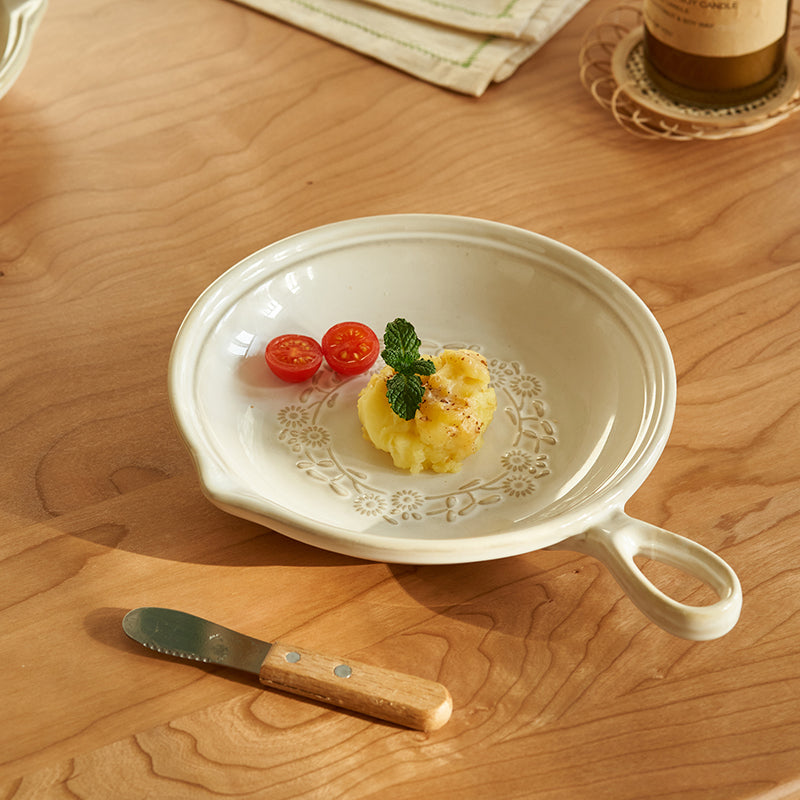 Japanese Style Embossed Floral Plate with Handle - PeauleyHome