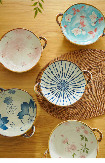 Delicate Japanese Style Ceramic Double-handled Soup Bowl