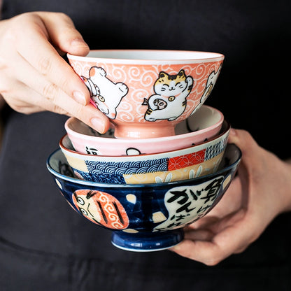 Japan Made Prosperity Animals Ceramic Rice Bowls