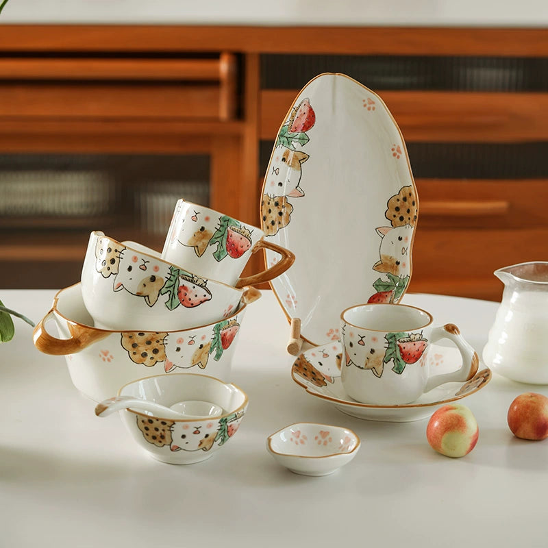 Underglazed Cat-themed Bowls Mugs Set