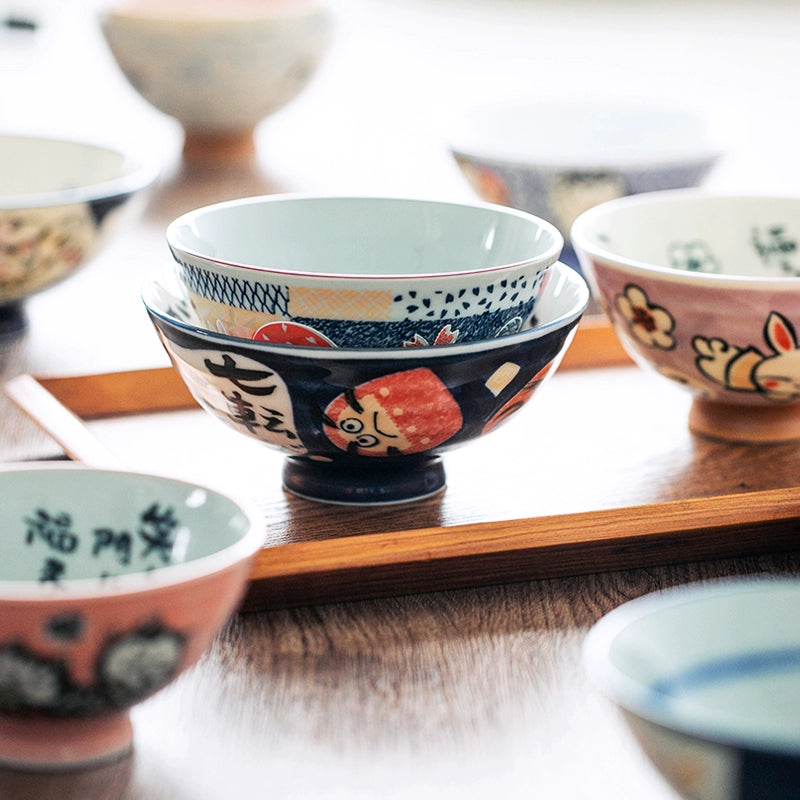 Japan Made Prosperity Animals Ceramic Rice Bowls