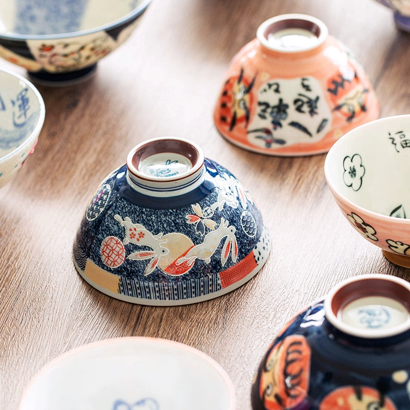 Japan Made Prosperity Animals Ceramic Rice Bowls