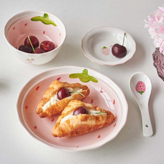 Pretty Strawberry Ceramic Saucers Bowls Plates Spoon - PeauleyHome