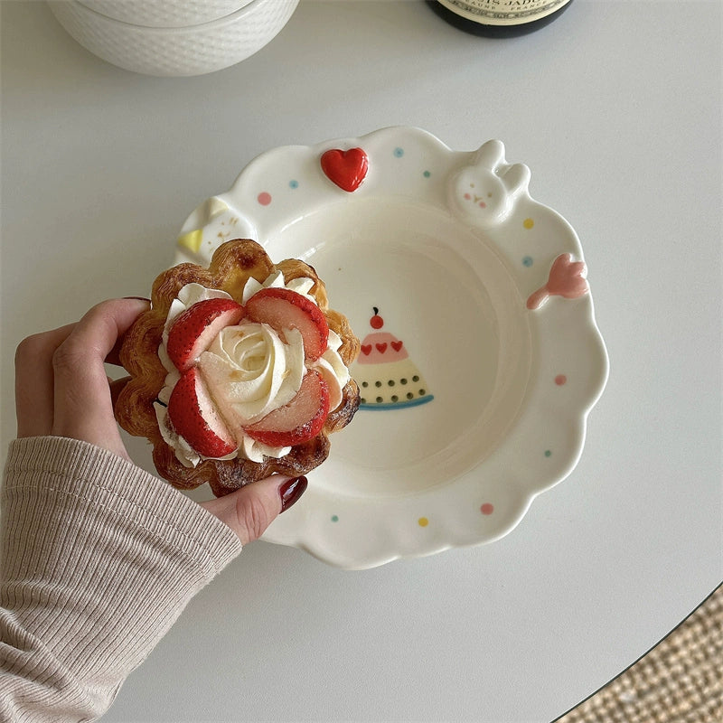 Hand-painting Style Ceramic Salad Plate with Cat Rabbit Pattern