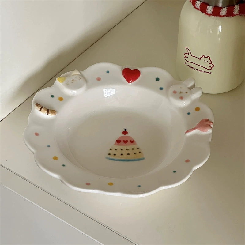 Hand-painting Style Ceramic Salad Plate with Cat Rabbit Pattern