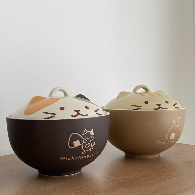 Japanese Style Ceramic Bowls with Kitty Lids - PeauleyHome