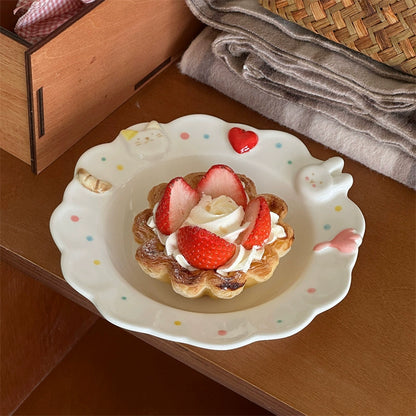 Hand-painting Style Ceramic Salad Plate with Cat Rabbit Pattern