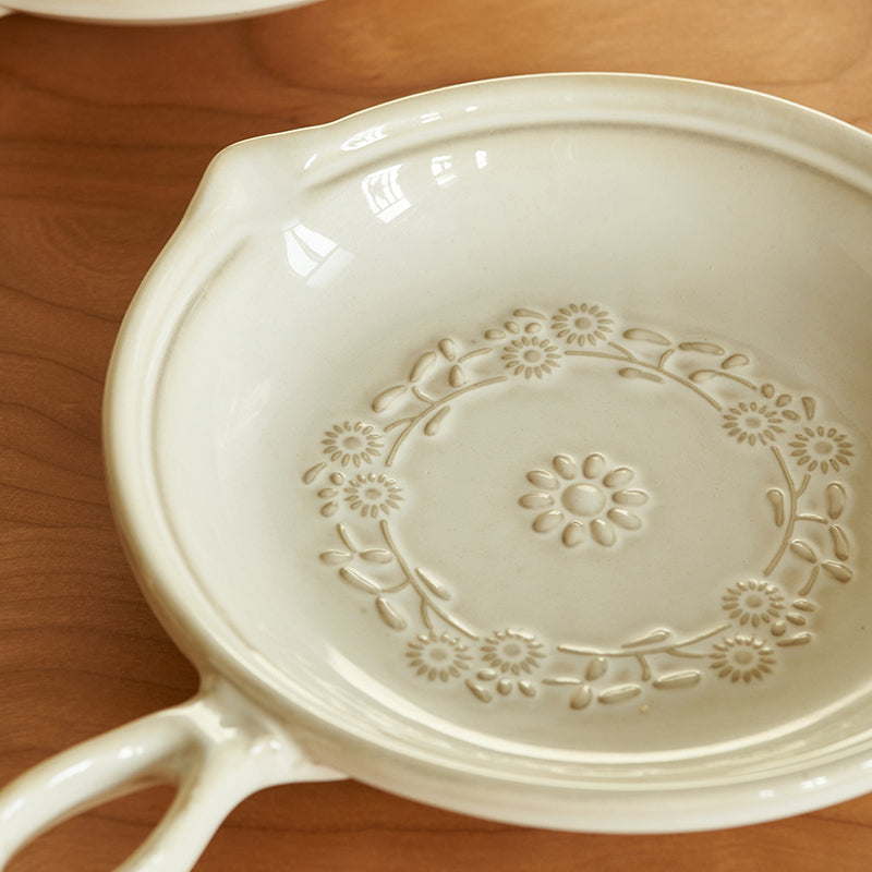 Japanese Style Embossed Floral Plate with Handle - PeauleyHome