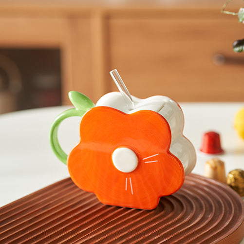 Original Flower-shaped Ceramic Mug with Lid and Straw