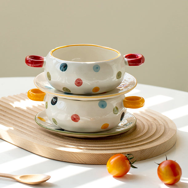 Dots Style Ceramic Bowls with Double Handles