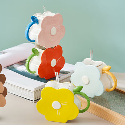 Original Flower-shaped Ceramic Mug with Lid and Straw