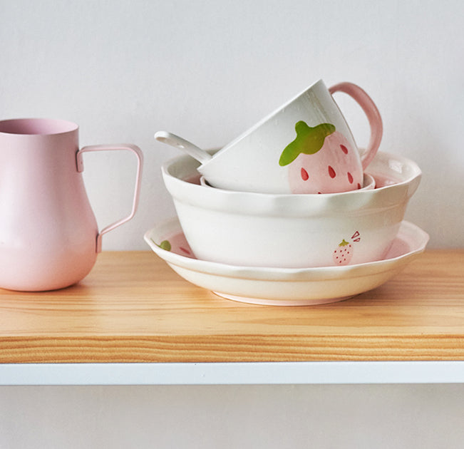 Pretty Strawberry Ceramic Saucers Bowls Plates Spoon - PeauleyHome