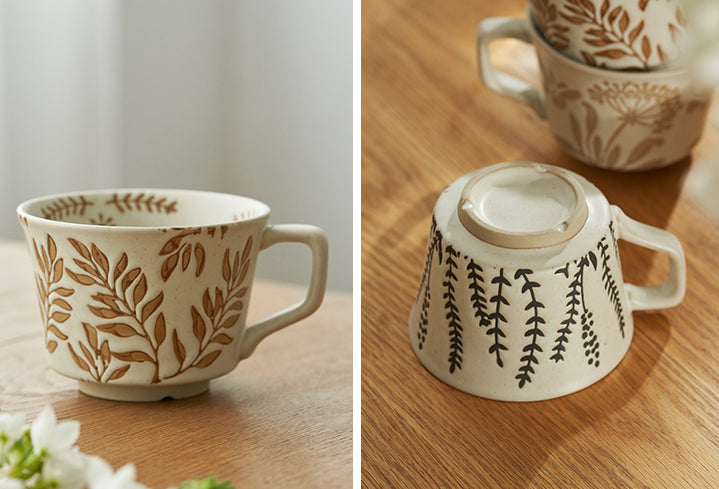 Engraved Floral Vintage Ceramic Coffee Mug - PeauleyHome