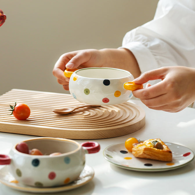 Dots Style Ceramic Bowls with Double Handles