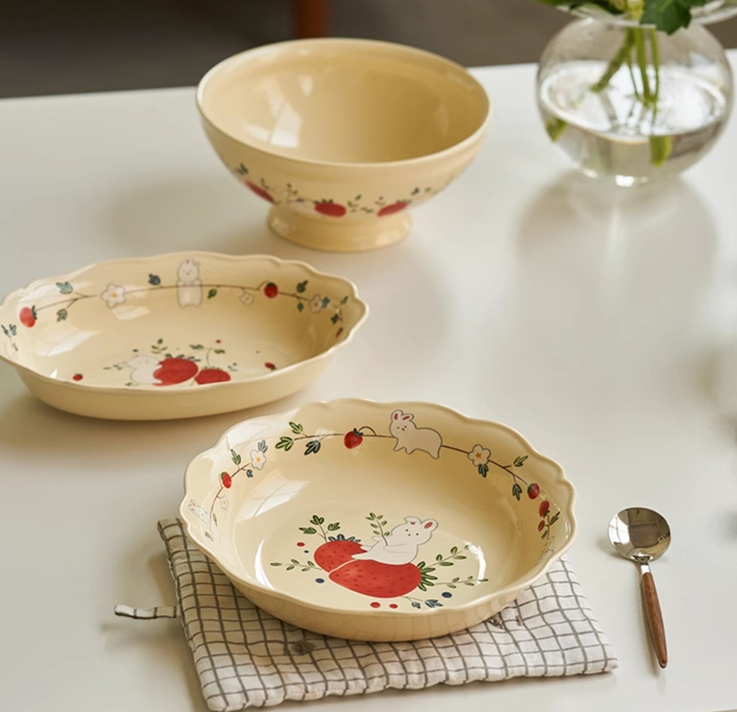 Strawberry Bunny Ceramic Bowls Plates Mugs - PeauleyHome