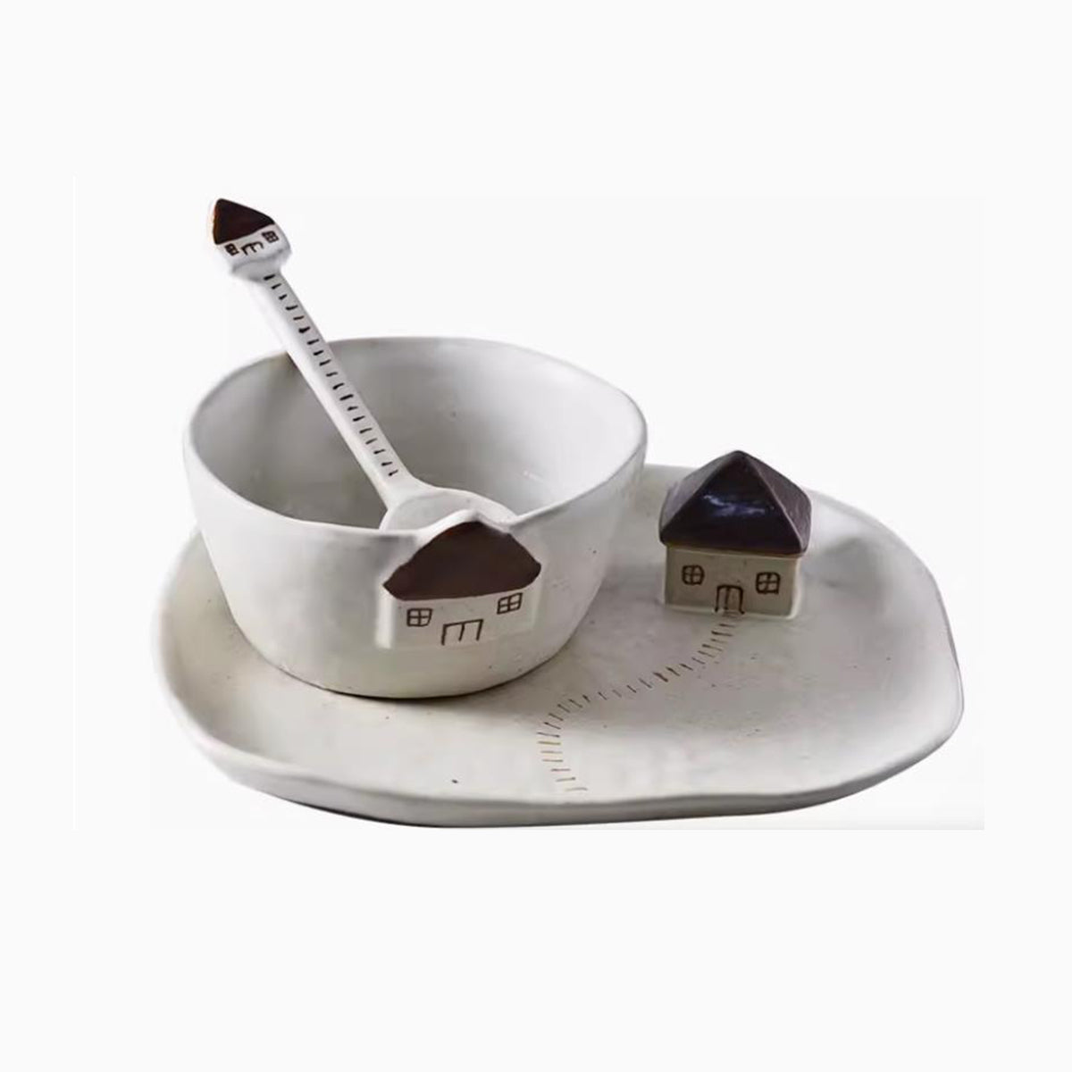 House-themed Rustic Ceramic Dessert Plates Bowls Spoon Set