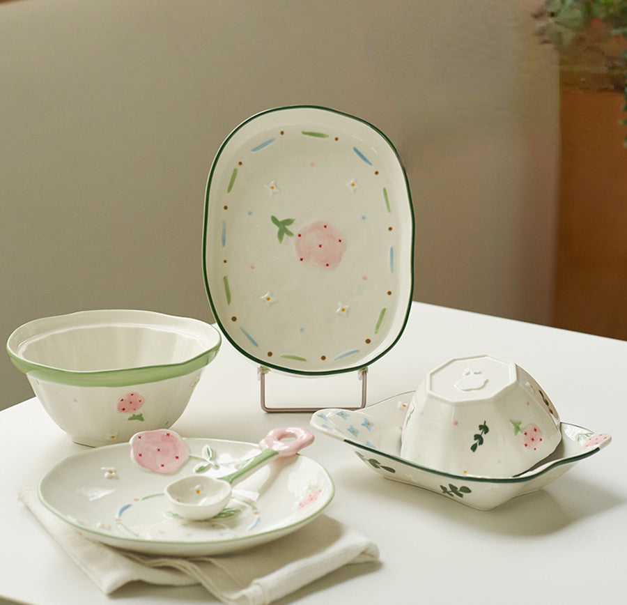 Adorable Floral Ceramic Bowls Plates Spoons Set - PeauleyHome