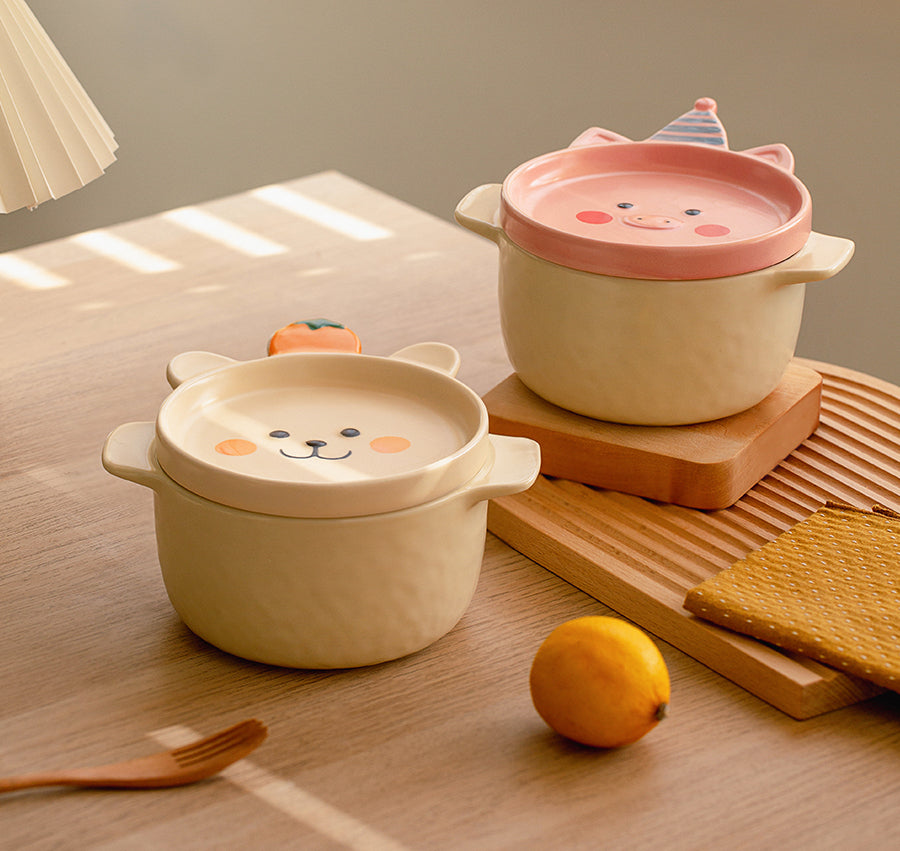 Ceramic Bowls Noodle Pots with Cartoon Lids and Handles - PeauleyHome