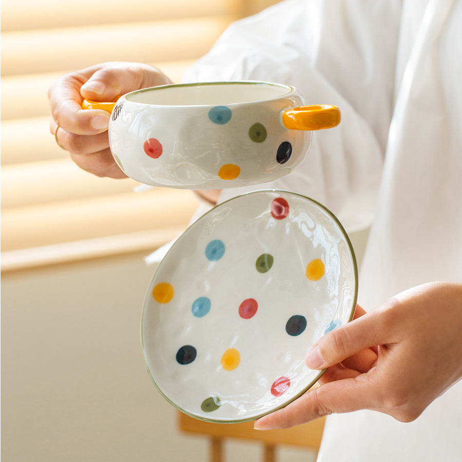 Dots Style Ceramic Bowls with Double Handles