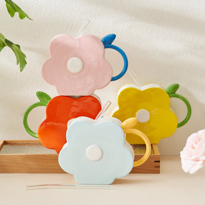 Original Flower-shaped Ceramic Mug with Lid and Straw