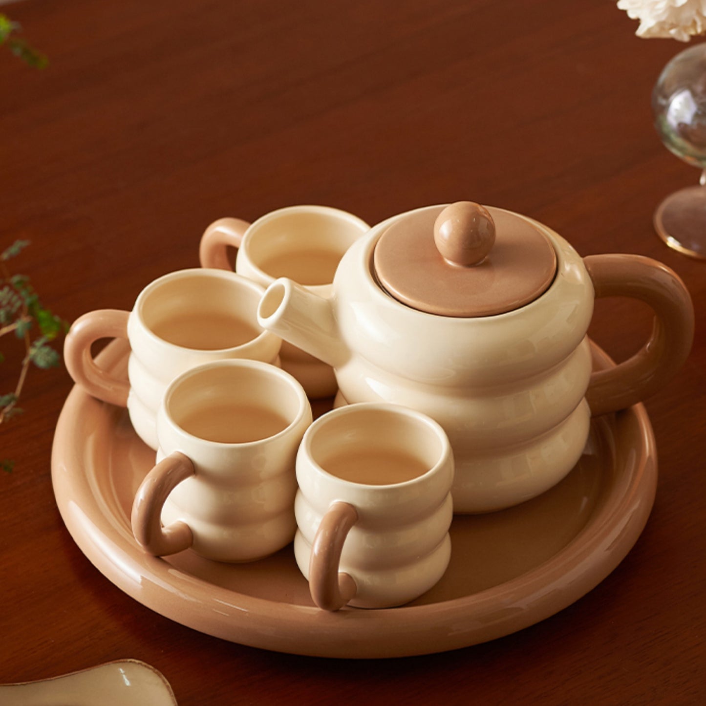 Adorable Ceramic Creamy Style Teapot Mug Set of 6