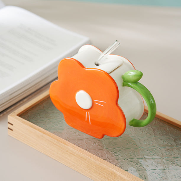 Original Flower-shaped Ceramic Mug with Lid and Straw