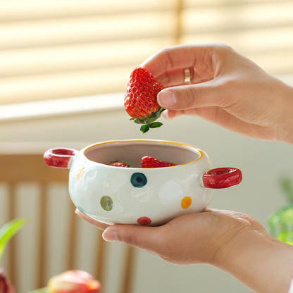 Dots Style Ceramic Bowls with Double Handles