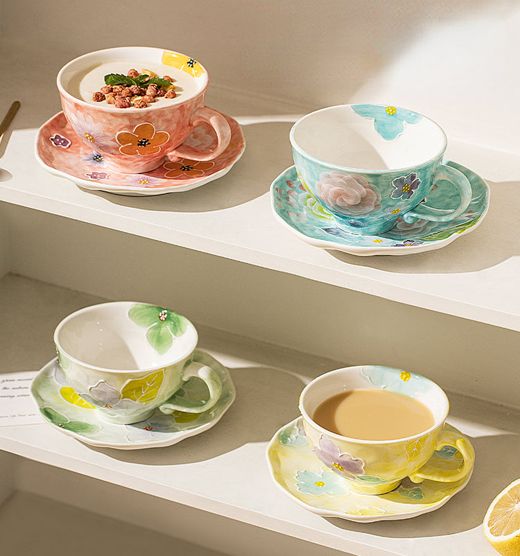 Ceramic Floral Coffee Mugs Saucers Set - PeauleyHome