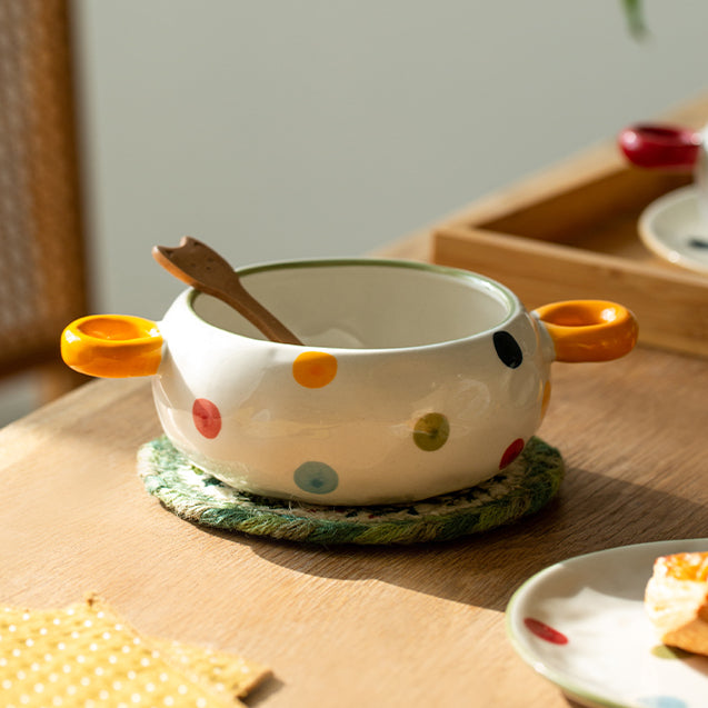 Dots Style Ceramic Bowls with Double Handles