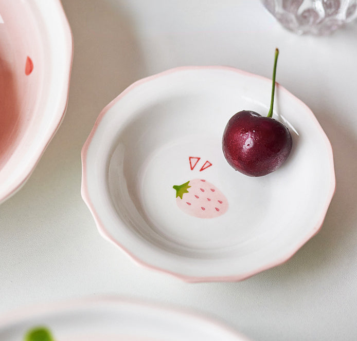 Pretty Strawberry Ceramic Saucers Bowls Plates Spoon - PeauleyHome