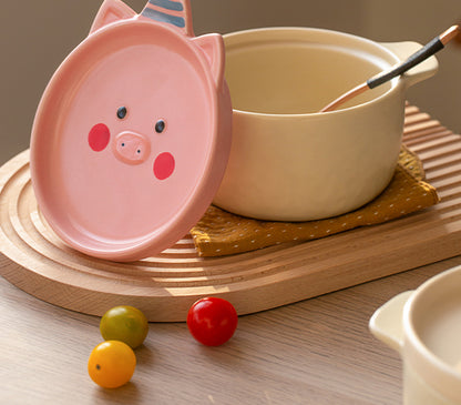 Ceramic Bowls Noodle Pots with Cartoon Lids and Handles - PeauleyHome