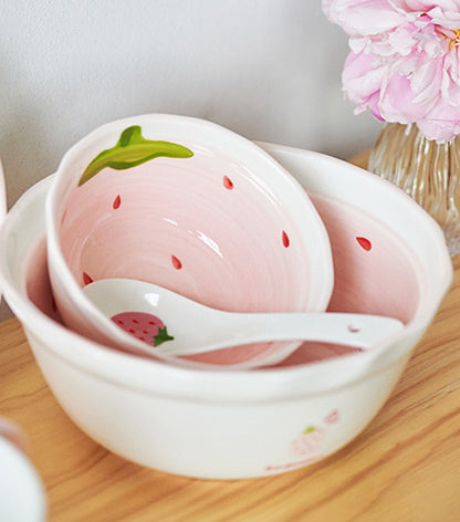 Pretty Strawberry Ceramic Saucers Bowls Plates Spoon - PeauleyHome