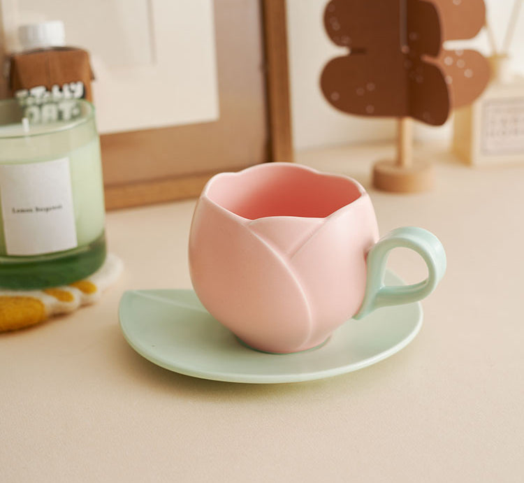 Tulip Coffee Mug Ceramic Cup Saucer Set - PeauleyHome